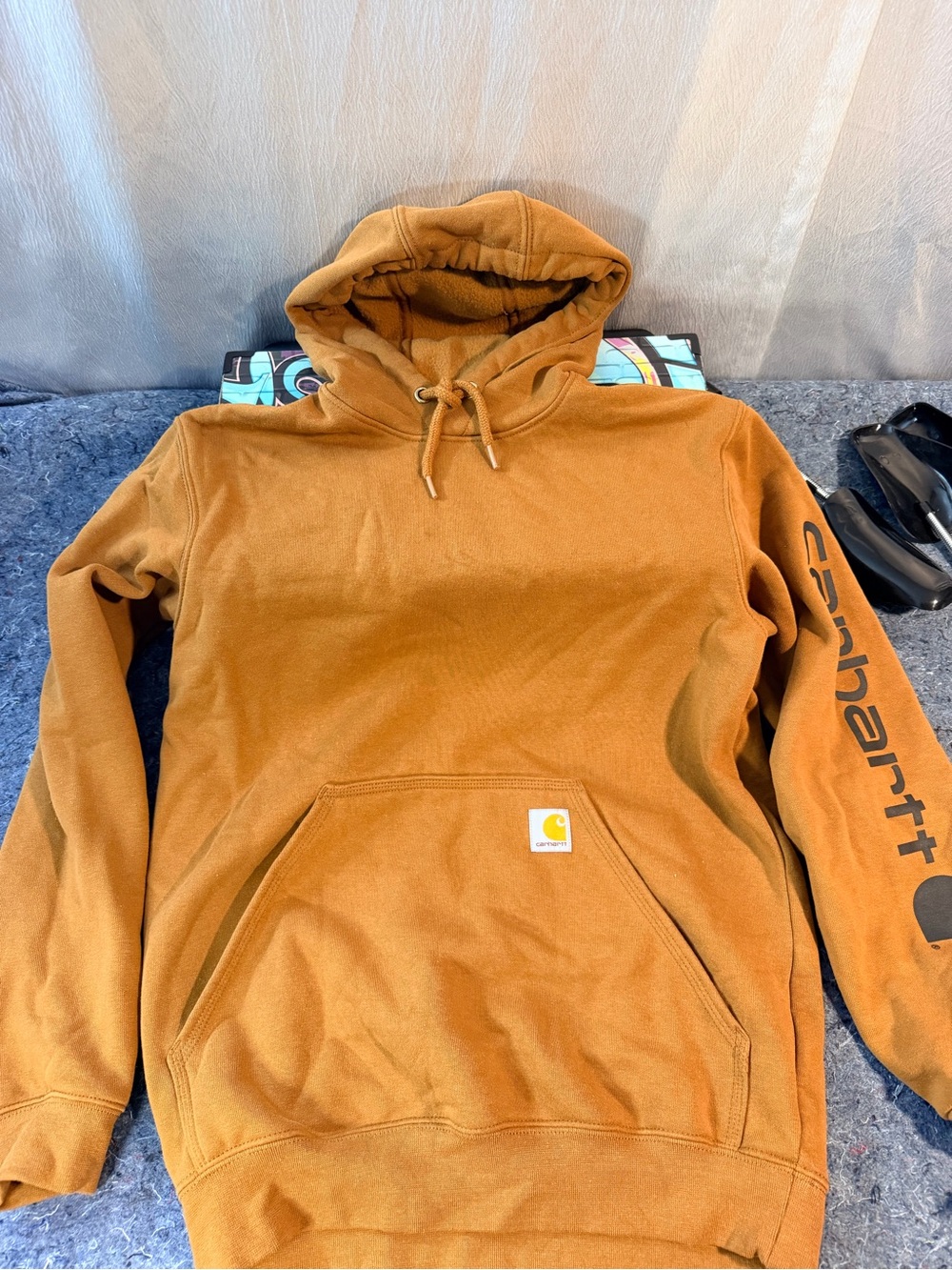 Carhartt Loose Fit Brown Logo Sleeve Hoodie Men’s Size Small